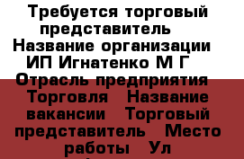 Требуется торговый представитель   › Название организации ­ ИП Игнатенко М.Г. › Отрасль предприятия ­ Торговля › Название вакансии ­ Торговый представитель › Место работы ­ Ул краснофлотская 12/2  - Амурская обл. Работа » Вакансии   